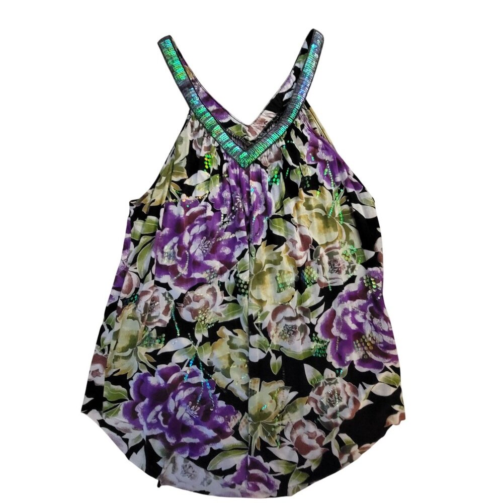 Free People XS Floral Sequin  Top Black Purple Green Lightweight Womens